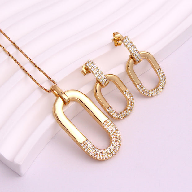 Oval Inlaid Zircon Ear Stud Necklace Female